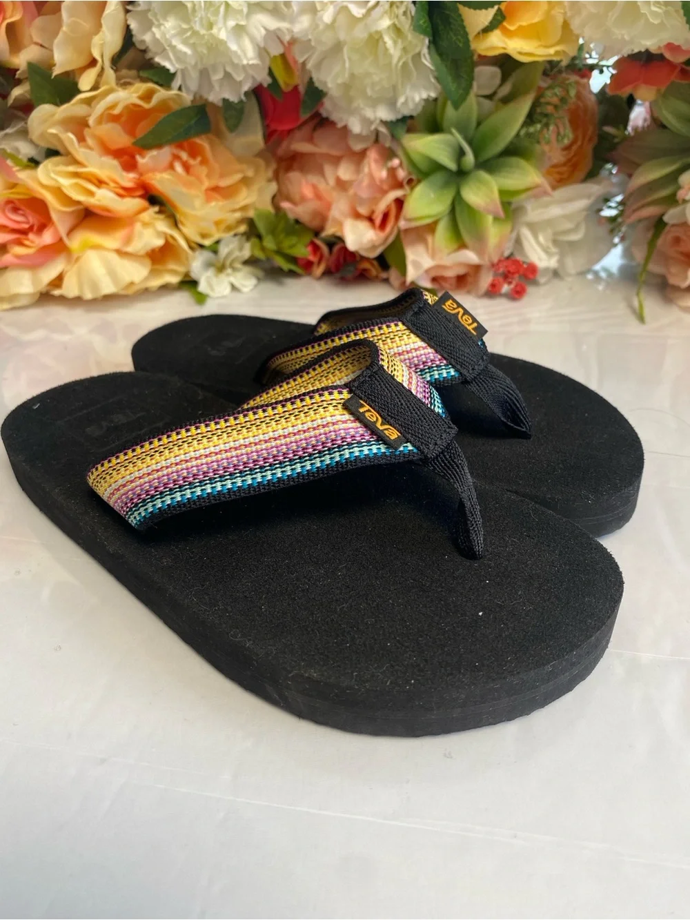Teva Kids Mush II Flip-Flops Rainbow Webbing Black Size 1
